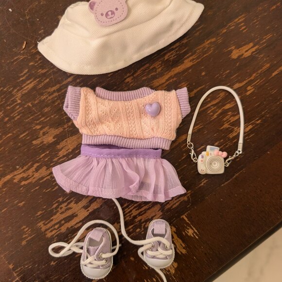 5Pc Labubu Outfit -Purple Sweater, Skirt, Rilakkuma Bucket Hat, Purple Converses - Picture 6 of 10